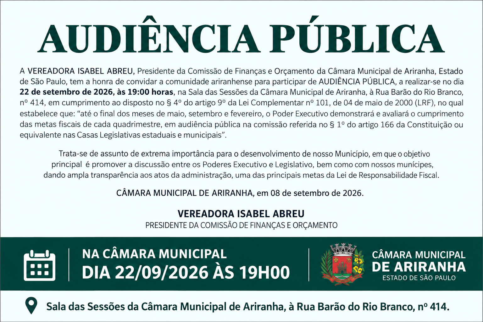 Câmara promove audiência pública para avaliação das metas fiscais