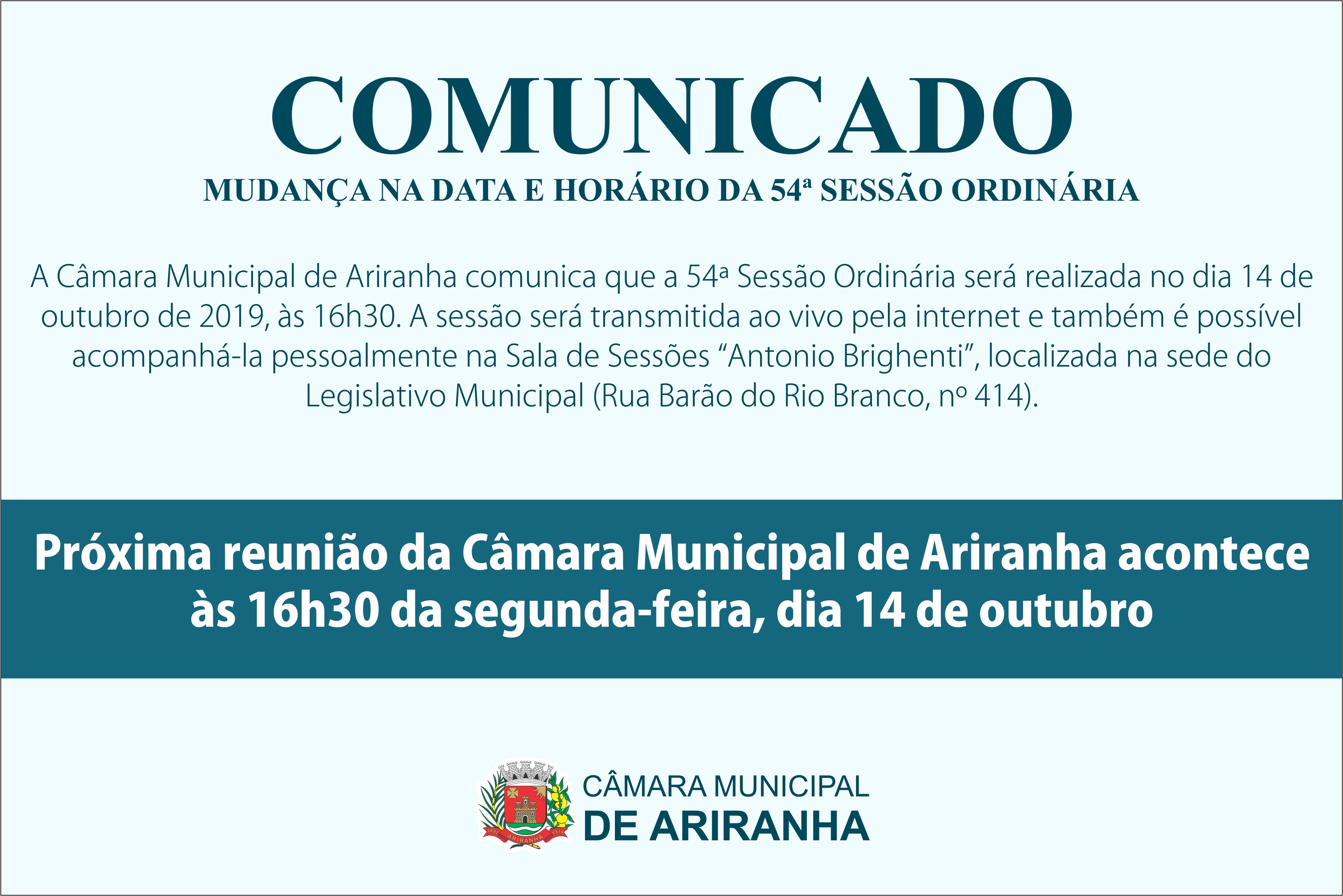 Próxima reunião da Câmara Municipal de Ariranha acontece às 16h30 da segunda-feira, dia 14 de outubro